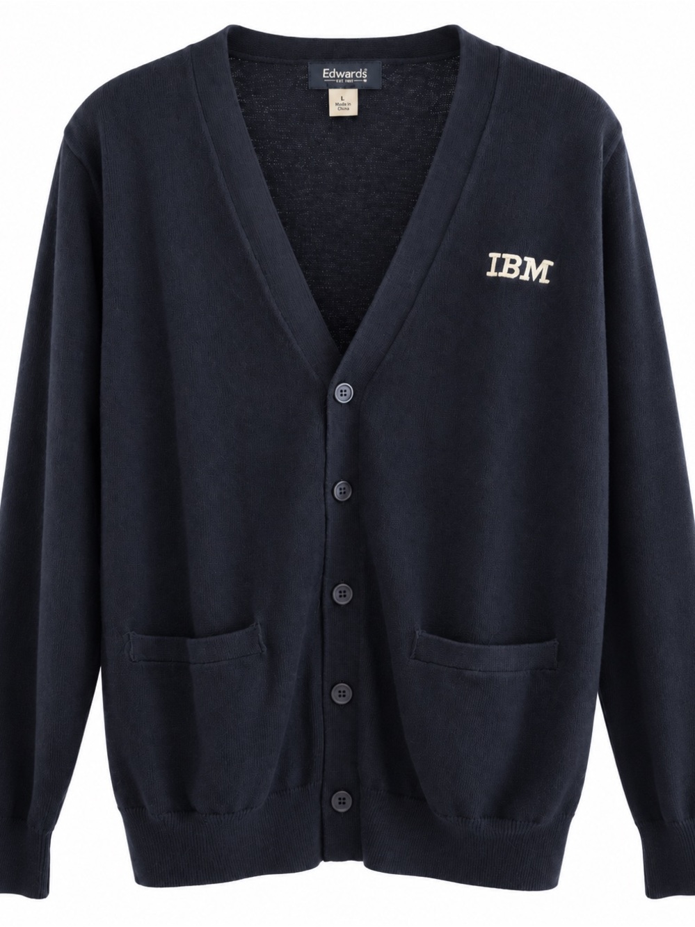 IBM Edwards Garment Navy Cardigan Sweater L Cotton Blend Corporate Tech Logo